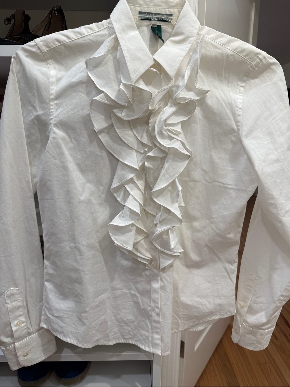 Ralph Lauren White Ruffle Front Button-Down Shirt Sz M